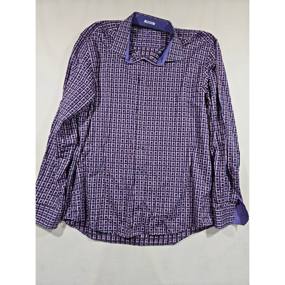 BUGATCHI Mens Shaped Fit Purple Geometric Square Grid Long Sleeve Shirt Size XL